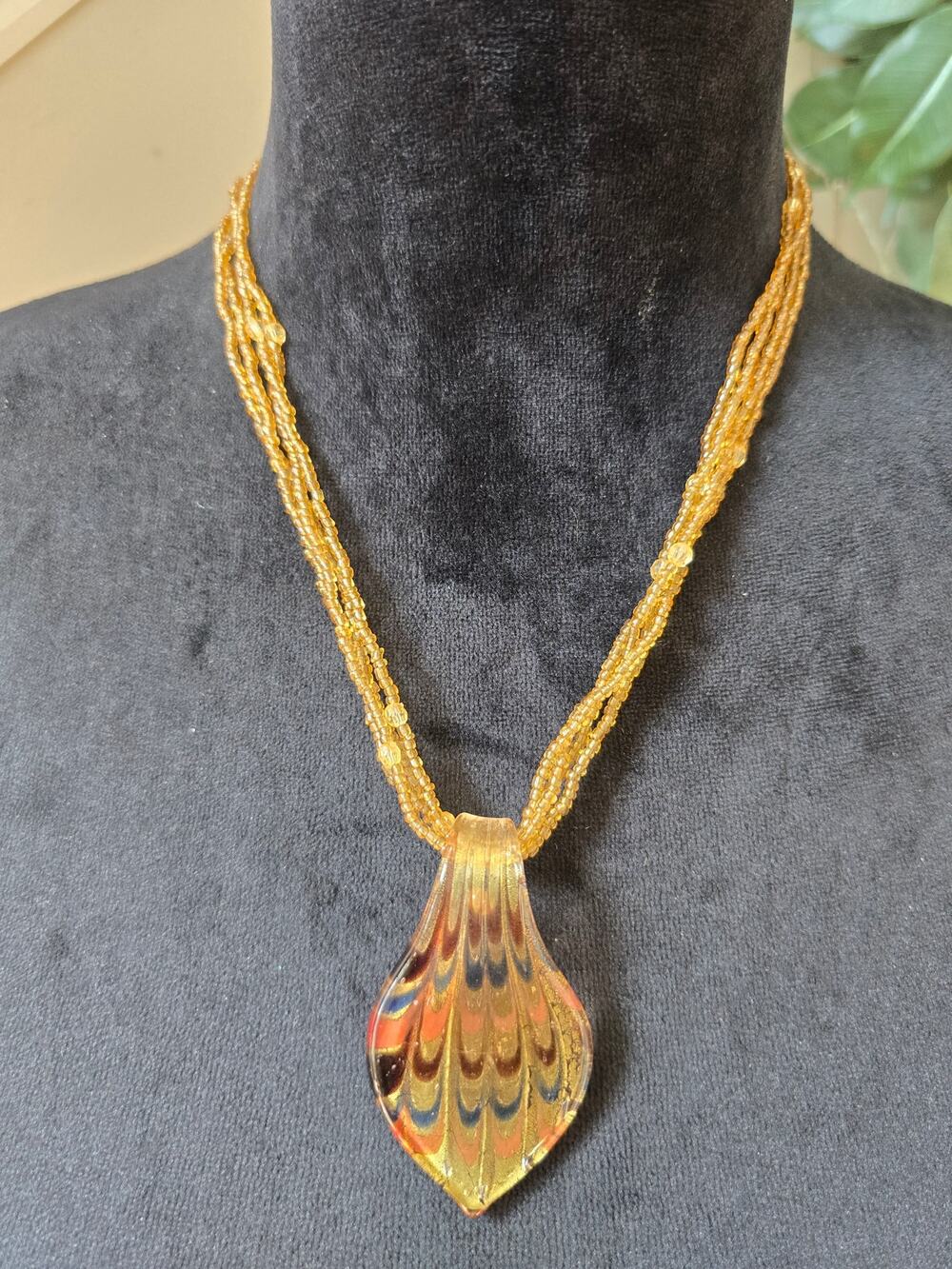 Gold Tone Multi Strand Beaded Necklace Enamel Pendant Boho Statement Jewelry